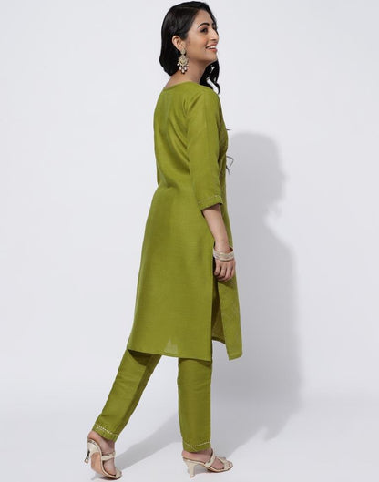 Olive Green Printed Straight Kurti With Pant And Dupatta | Leemboodi