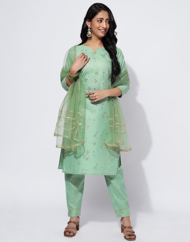 Pista Green Printed Straight Kurti With Pant And Dupatta | Leemboodi