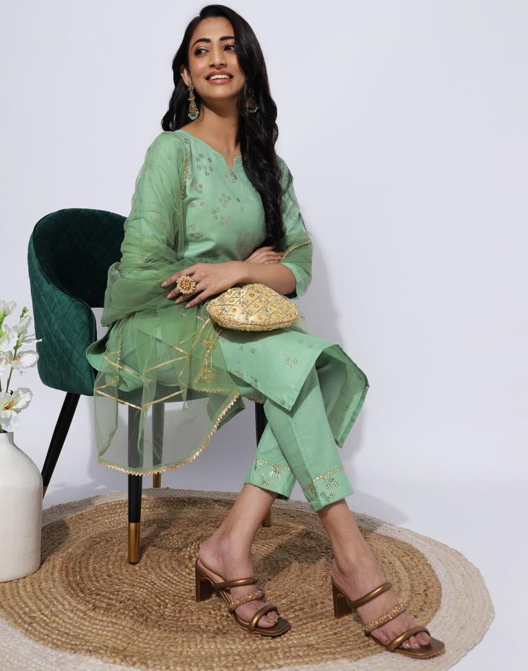 Pista Green Printed Straight Kurti With Pant And Dupatta | Leemboodi