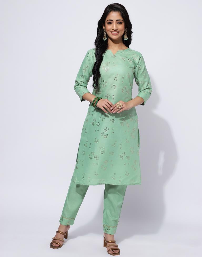 Pista Green Printed Straight Kurti With Pant And Dupatta | Leemboodi