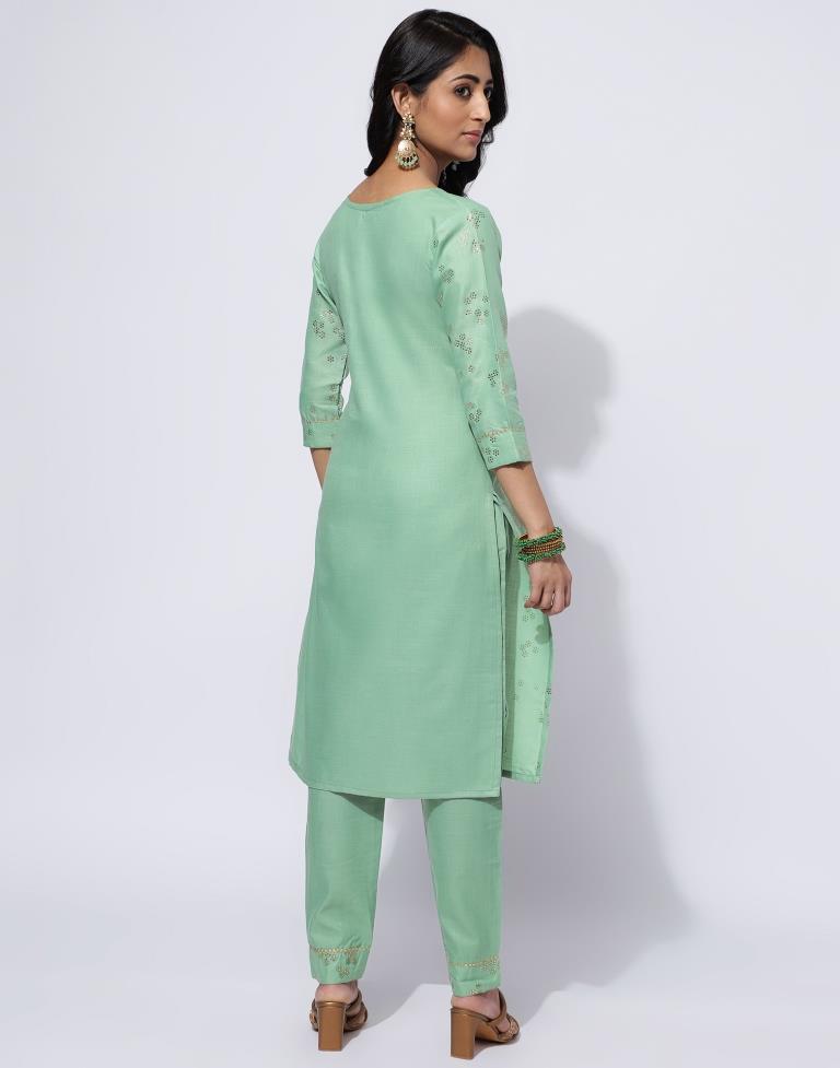 Pista Green Printed Straight Kurti With Pant And Dupatta | Leemboodi