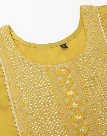 Mustard Yellow Sequence Straight Kurti With Pant And Dupatta | Leemboodi