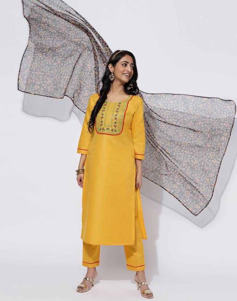 Mustard Yellow Sequence Straight Kurti With Pant And Dupatta | Leemboodi