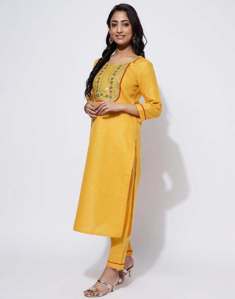 Mustard Yellow Sequence Straight Kurti With Pant And Dupatta | Leemboodi