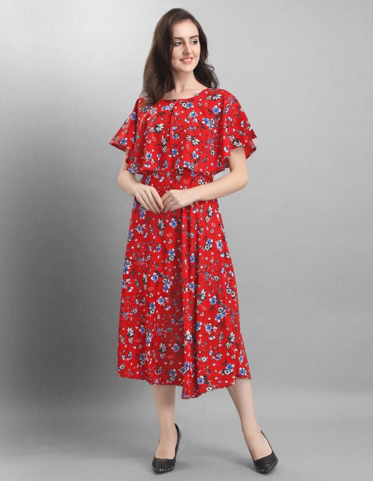 Imperial Red Coloured Floral Printed Crepe Dress | Sudathi