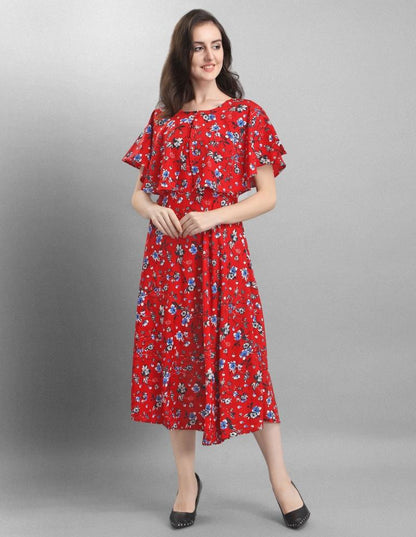 Imperial Red Coloured Floral Printed Crepe Dress | Sudathi