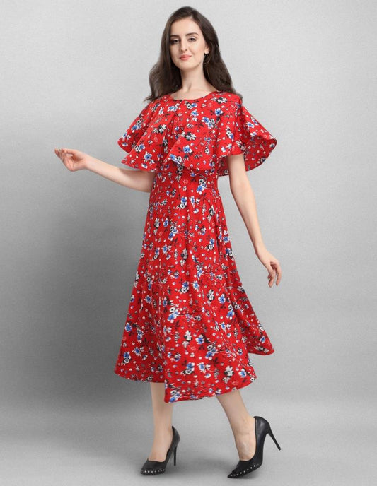 Imperial Red Coloured Floral Printed Crepe Dress | Sudathi
