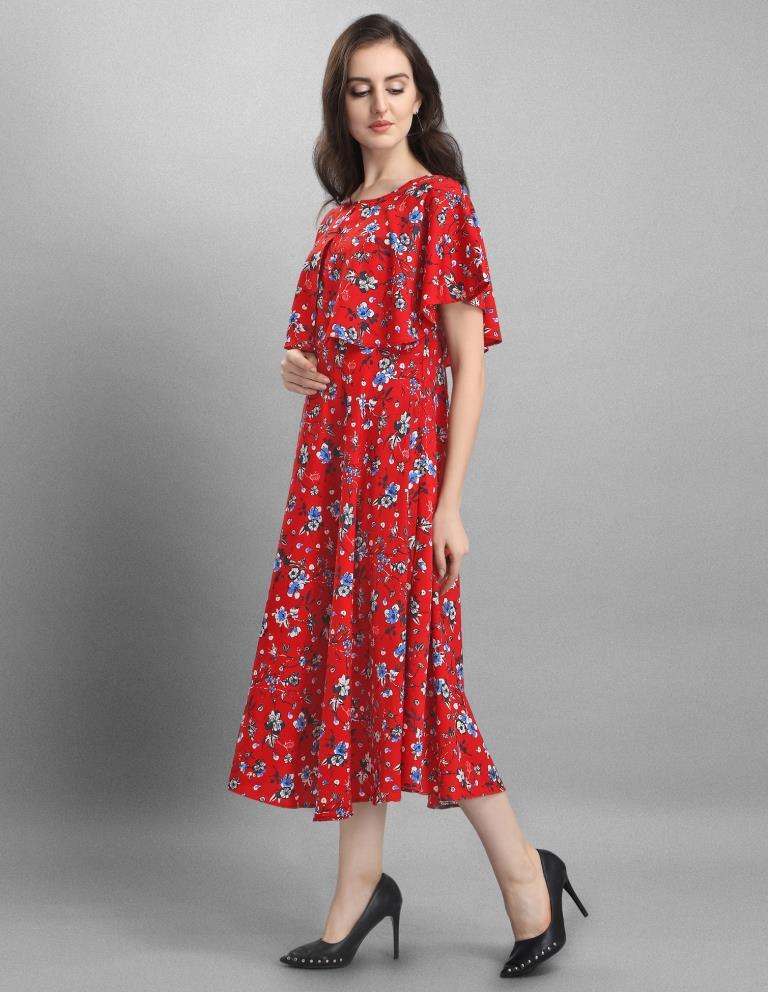 Imperial Red Coloured Floral Printed Crepe Dress | Sudathi