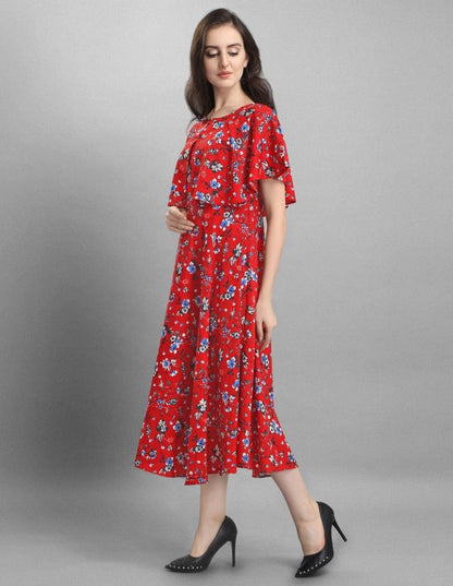Imperial Red Coloured Floral Printed Crepe Dress | Sudathi