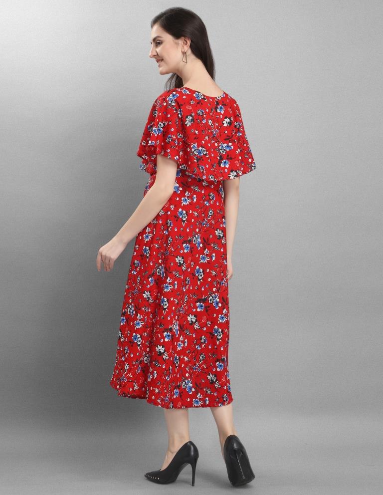 Imperial Red Coloured Floral Printed Crepe Dress | Sudathi