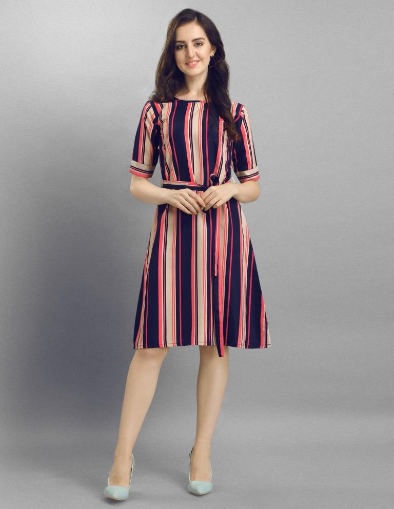 Valiant  Navy Blue Coloured Multi Lining Crepe Dress | Sudathi