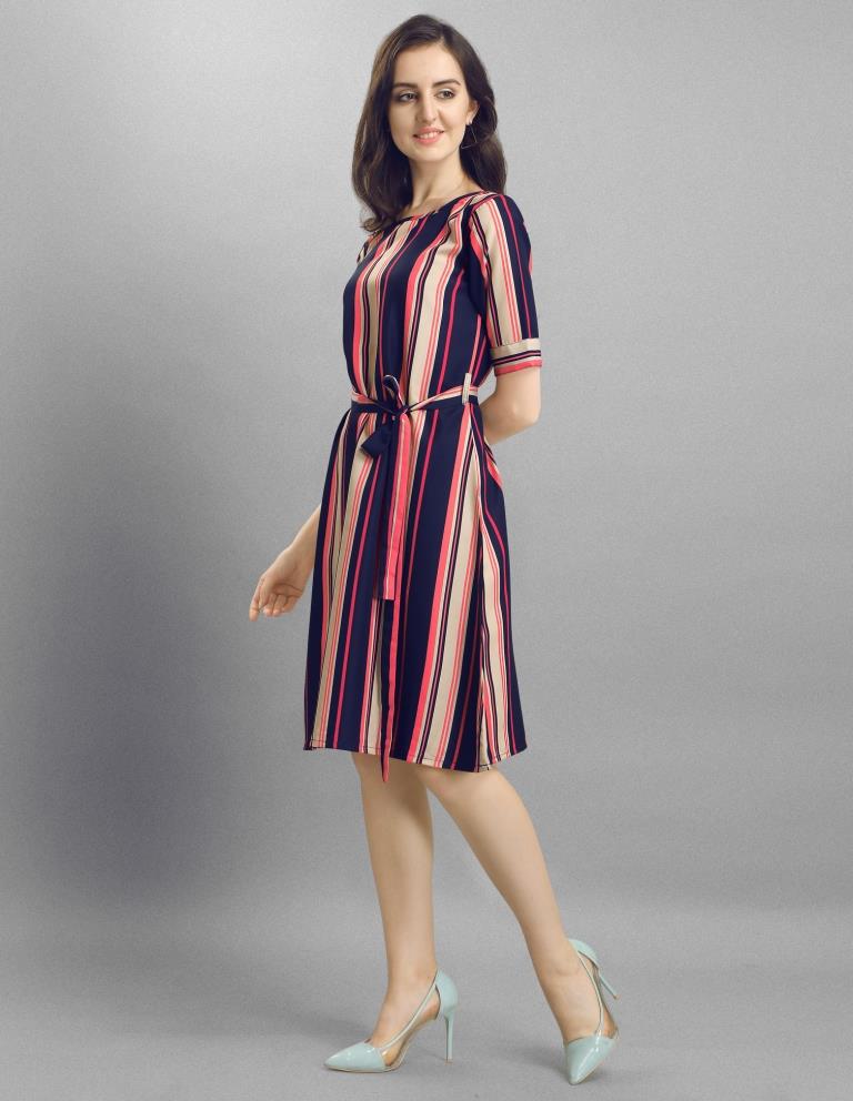 Valiant  Navy Blue Coloured Multi Lining Crepe Dress | Sudathi
