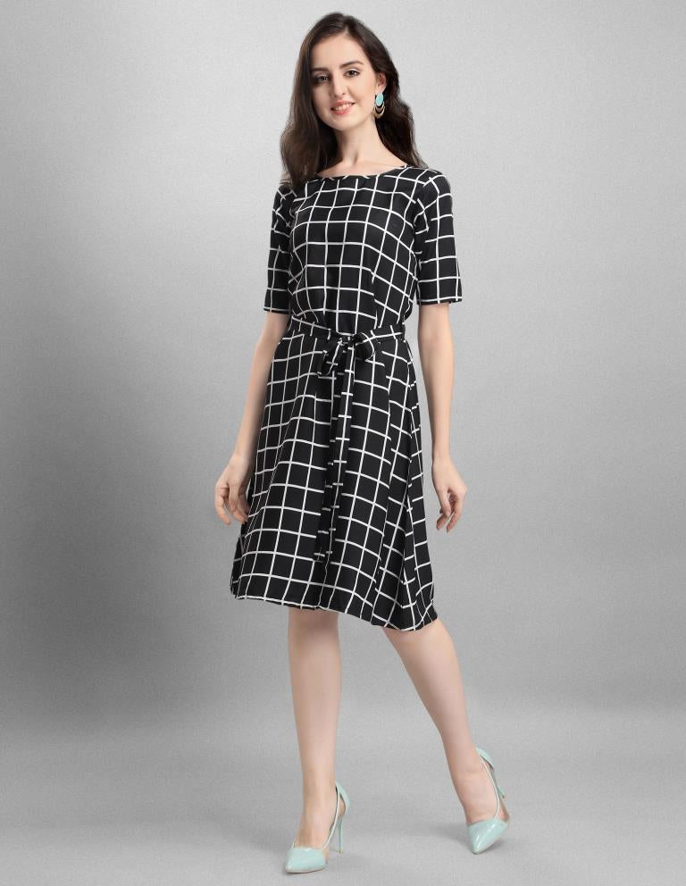 Glistening  Black Coloured Check Printed Crepe Dress | Sudathi