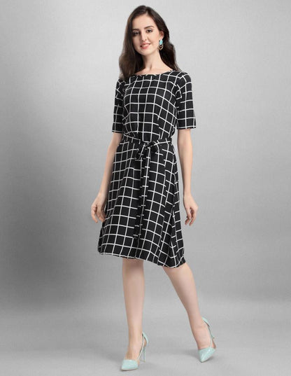 Glistening  Black Coloured Check Printed Crepe Dress | Sudathi