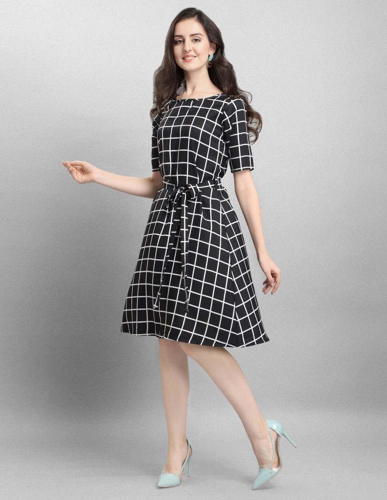 Glistening  Black Coloured Check Printed Crepe Dress | Sudathi