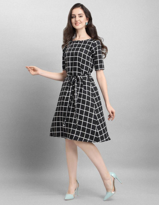 Glistening  Black Coloured Check Printed Crepe Dress | Sudathi