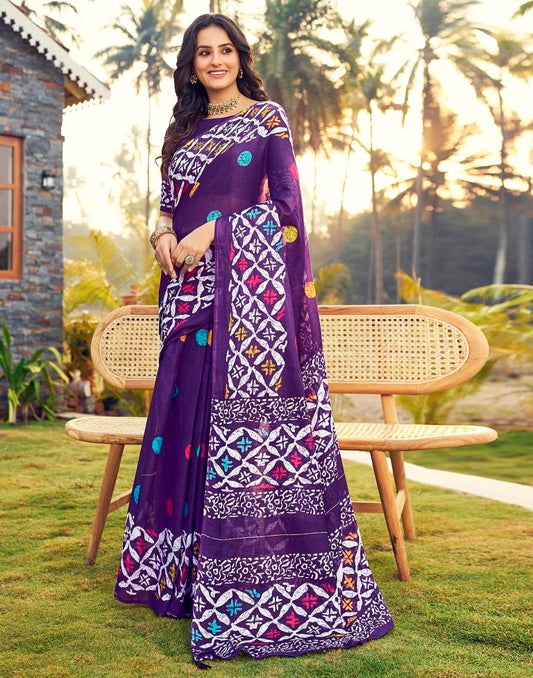 Ready to Wear Dark Purple Cotton Printed Saree