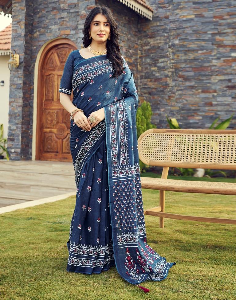 Ready to Wear Rama Blue Cotton Printed Saree