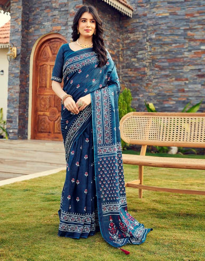 Ready to Wear Rama Blue Cotton Printed Saree