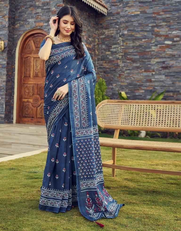 Ready to Wear Rama Blue Cotton Printed Saree
