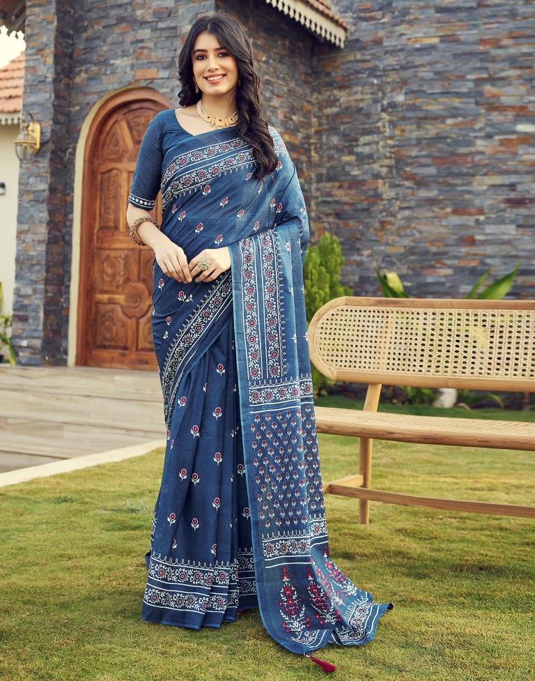 Ready to Wear Rama Blue Cotton Printed Saree