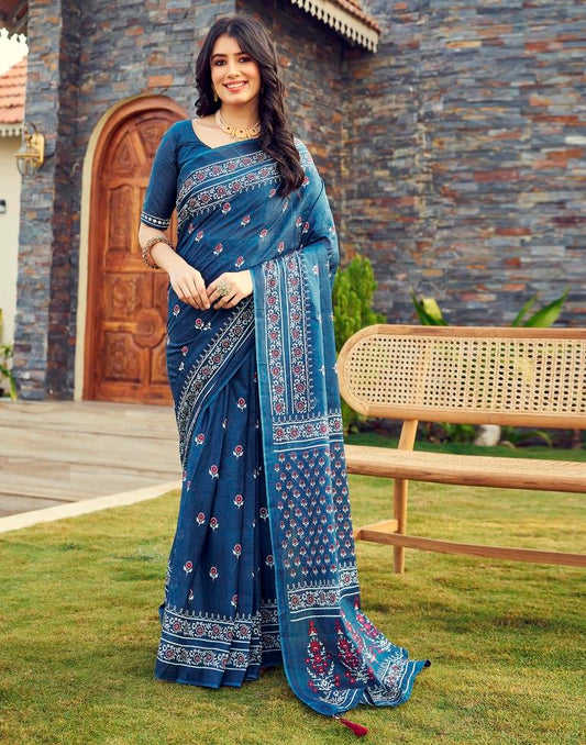 Ready to Wear Rama Blue Cotton Printed Saree