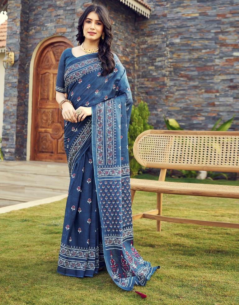 Ready to Wear Rama Blue Cotton Printed Saree