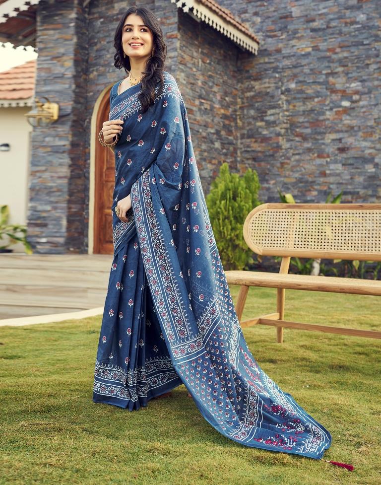 Ready to Wear Rama Blue Cotton Printed Saree