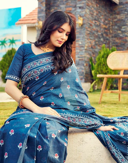 Ready to Wear Rama Blue Cotton Printed Saree