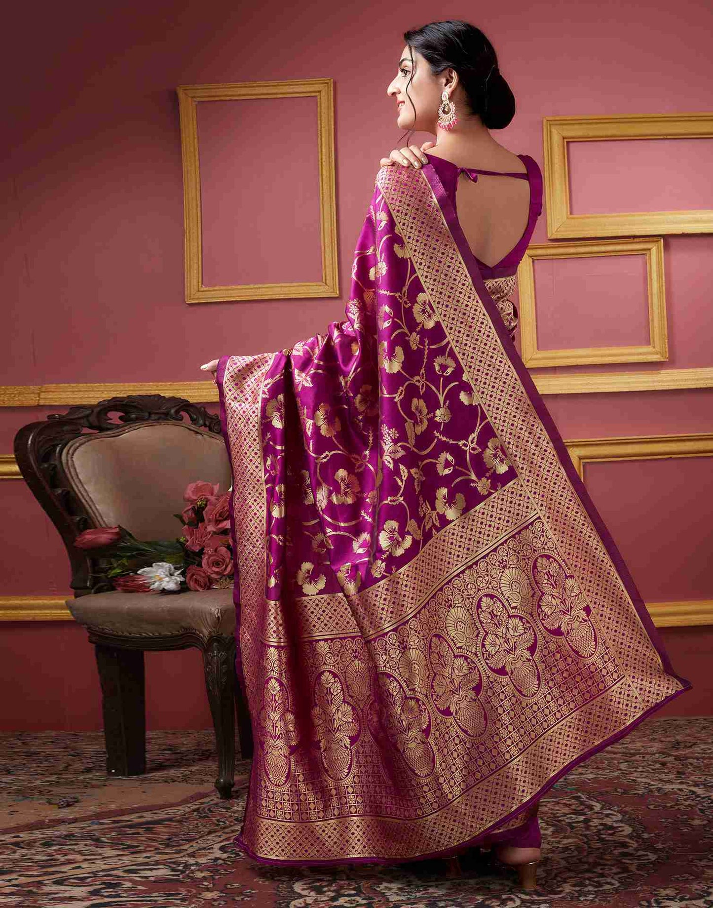 Dark Magenta Floral Banarasi Silk Saree