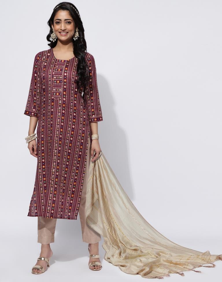 Maroon Printed Straight Kurti With Pant And Dupatta | Leemboodi