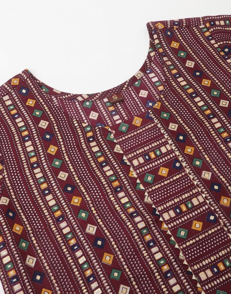 Maroon Printed Straight Kurti With Pant And Dupatta | Leemboodi