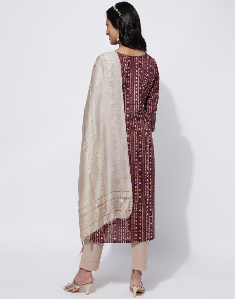 Maroon Printed Straight Kurti With Pant And Dupatta | Leemboodi