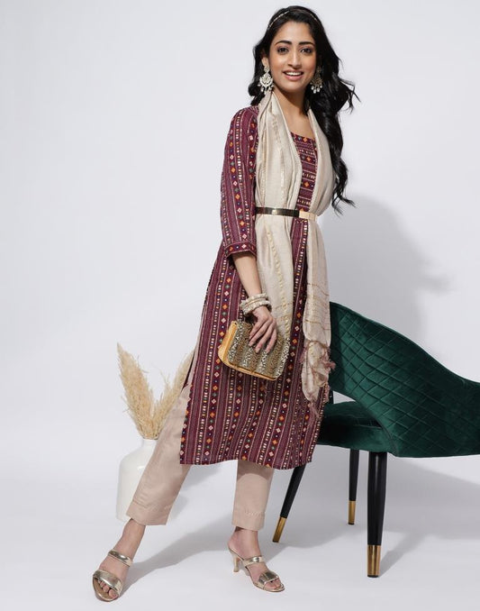 Maroon Printed Straight Kurti With Pant And Dupatta | Leemboodi