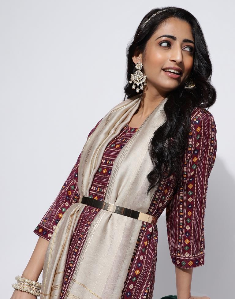 Maroon Printed Straight Kurti With Pant And Dupatta | Leemboodi