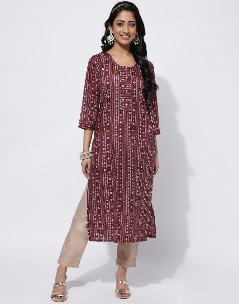 Maroon Printed Straight Kurti With Pant And Dupatta | Leemboodi