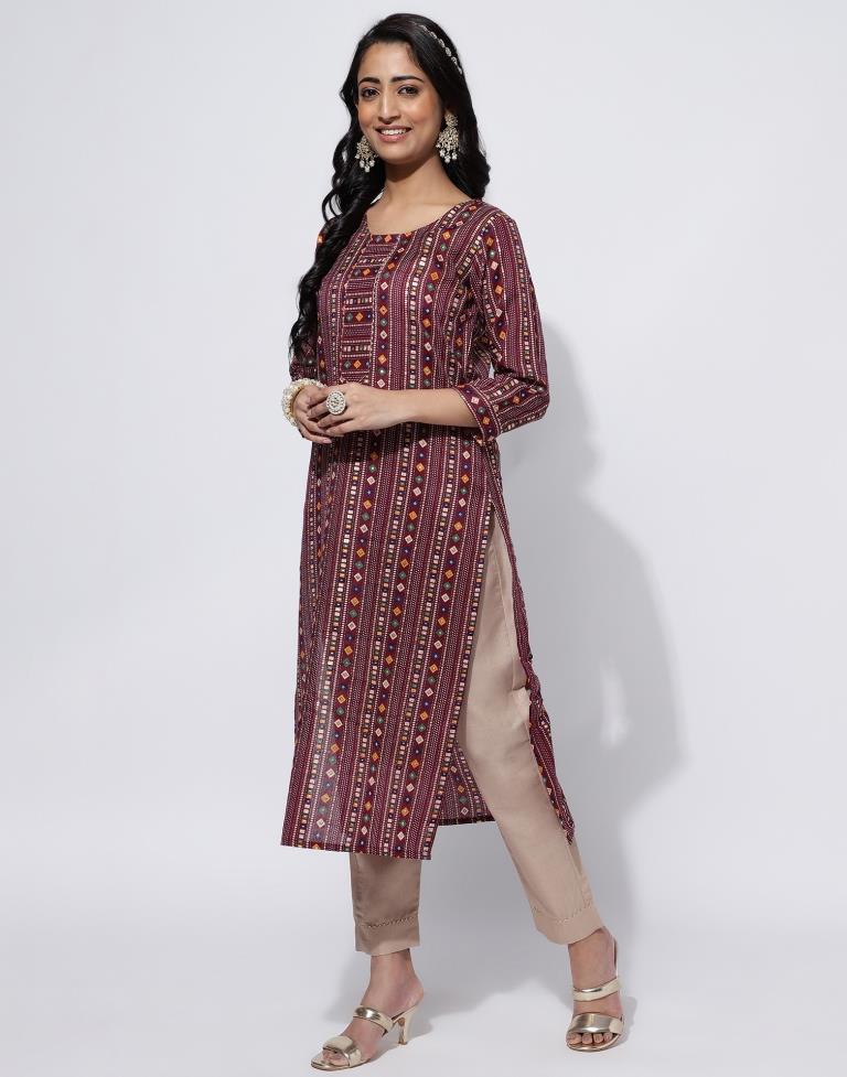 Maroon Printed Straight Kurti With Pant And Dupatta | Leemboodi