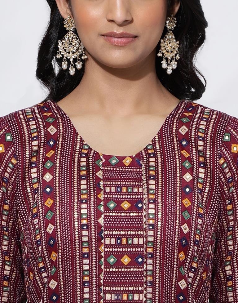 Maroon Printed Straight Kurti With Pant And Dupatta | Leemboodi