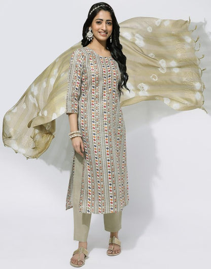 Beige Printed Straight Kurti With Pant And Dupatta | Leemboodi