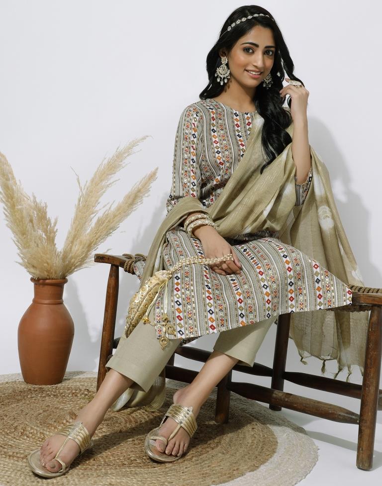 Beige Printed Straight Kurti With Pant And Dupatta | Leemboodi