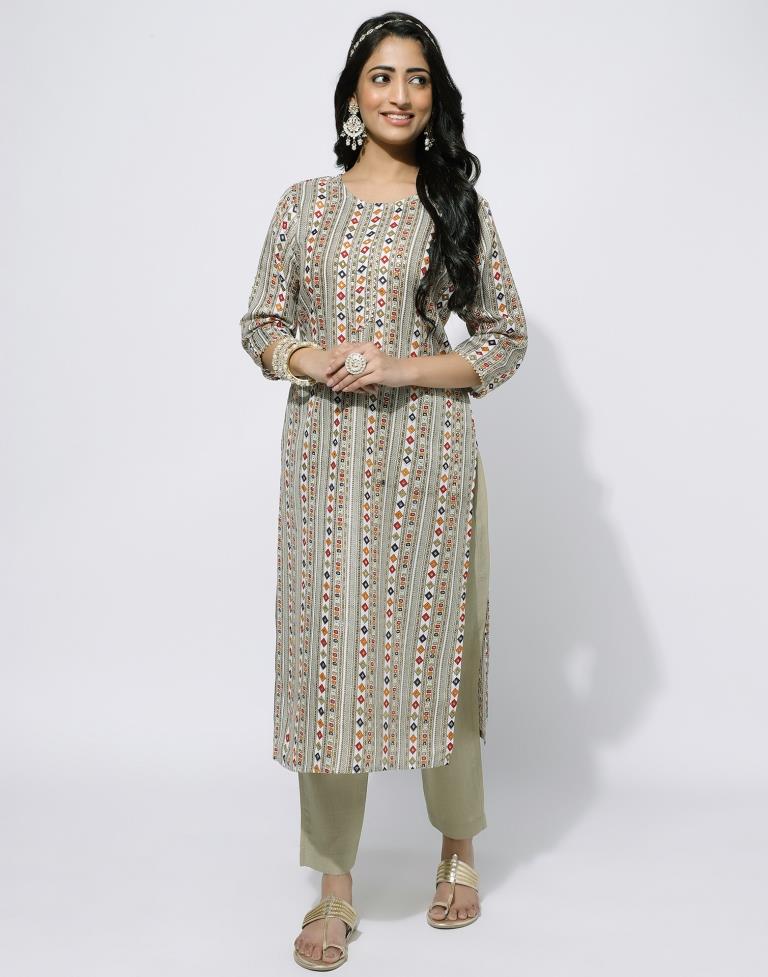 Beige Printed Straight Kurti With Pant And Dupatta | Leemboodi