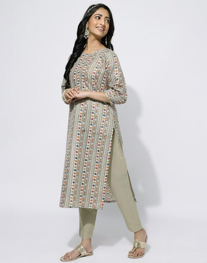 Beige Printed Straight Kurti With Pant And Dupatta | Leemboodi