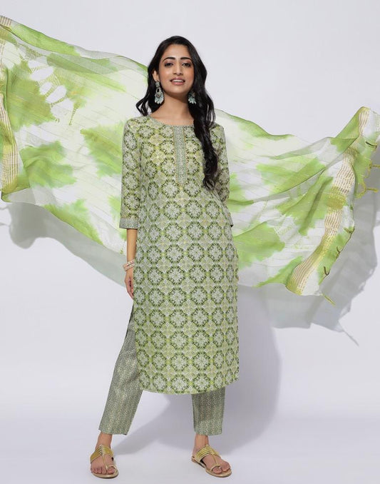 Green Printed Straight Kurti With Pant And Dupatta | Leemboodi