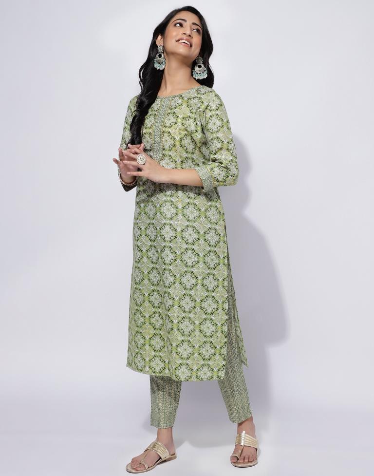 Green Printed Straight Kurti With Pant And Dupatta | Leemboodi