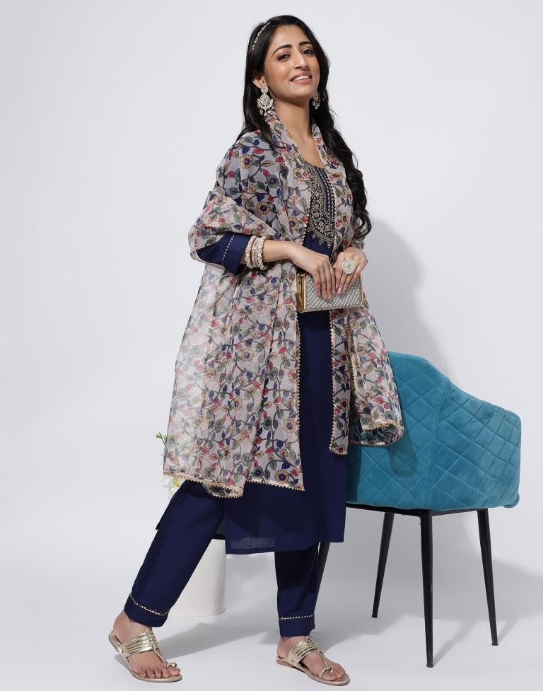 Navy Blue Sequence Straight Kurti With Pant And Dupatta | Leemboodi