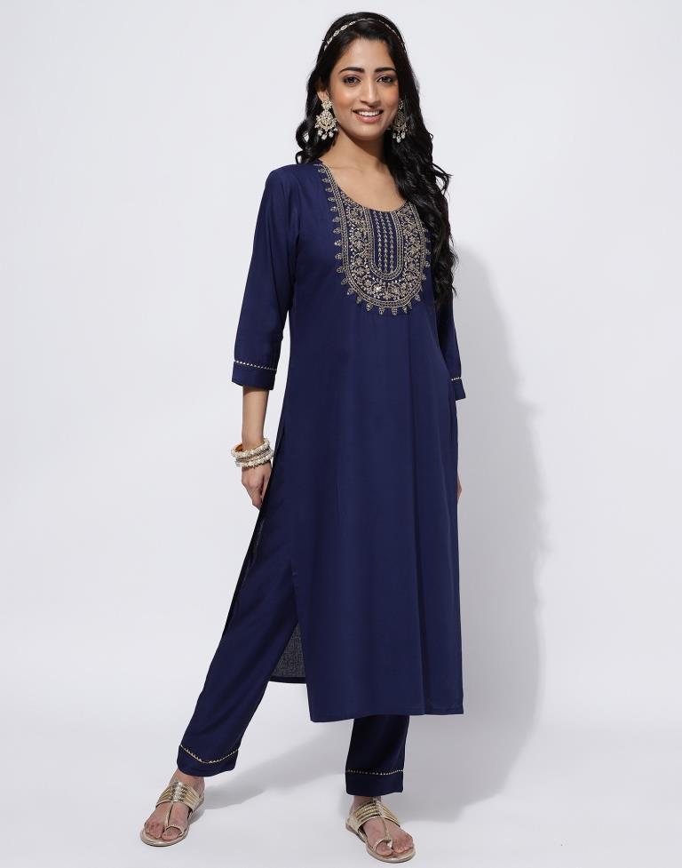 Navy Blue Sequence Straight Kurti With Pant And Dupatta | Leemboodi