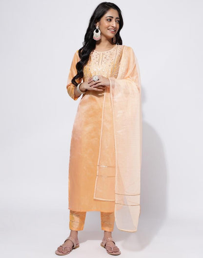 Peach Embroidery Straight Kurti With Pant And Dupatta | Leemboodi