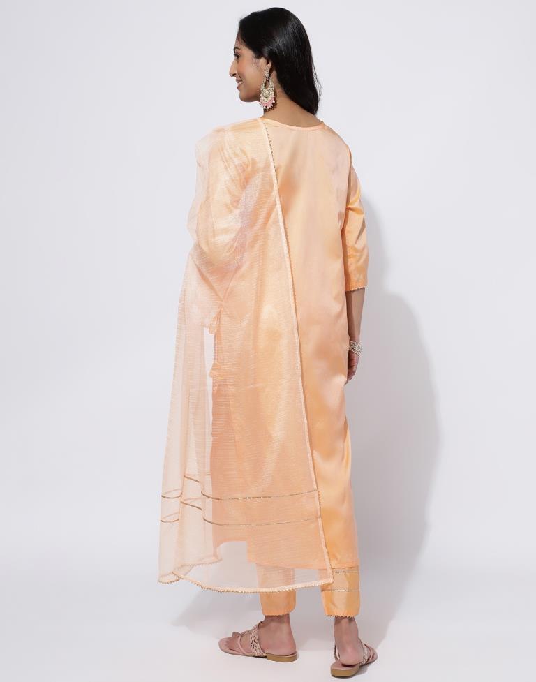 Peach Embroidery Straight Kurti With Pant And Dupatta | Leemboodi