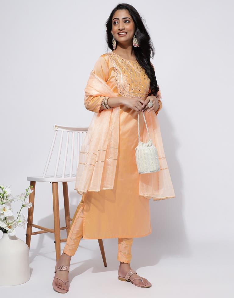 Peach Embroidery Straight Kurti With Pant And Dupatta | Leemboodi