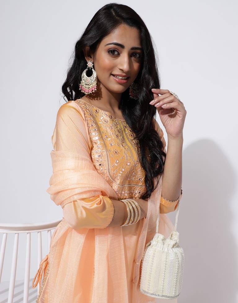 Peach Embroidery Straight Kurti With Pant And Dupatta | Leemboodi